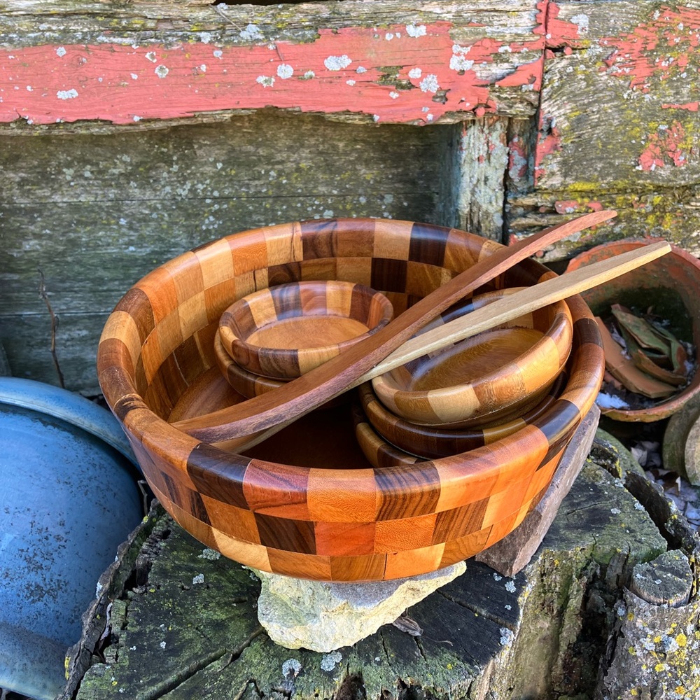 Vintage MCM Checkerboard Multicolor Wooden Serving Bowl Set 1960s Bohemian Salad